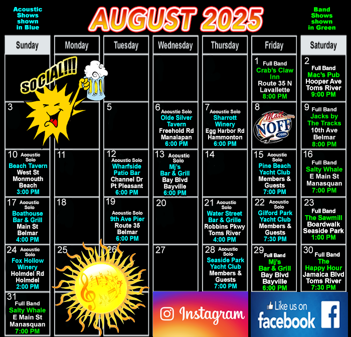 August Live Music in Ocean Monmouth County NJ