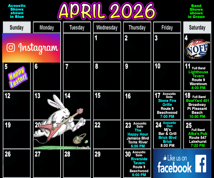 April Calandar Image for Live Music in Ocean Monmouth County NJ New Year